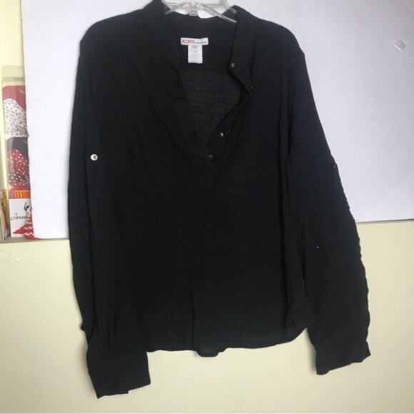 KORS Michael Kors Y2K Boutique Shirt Blouse Long Roll Up Button Sleeves Cotton L - Picture 2 of 12